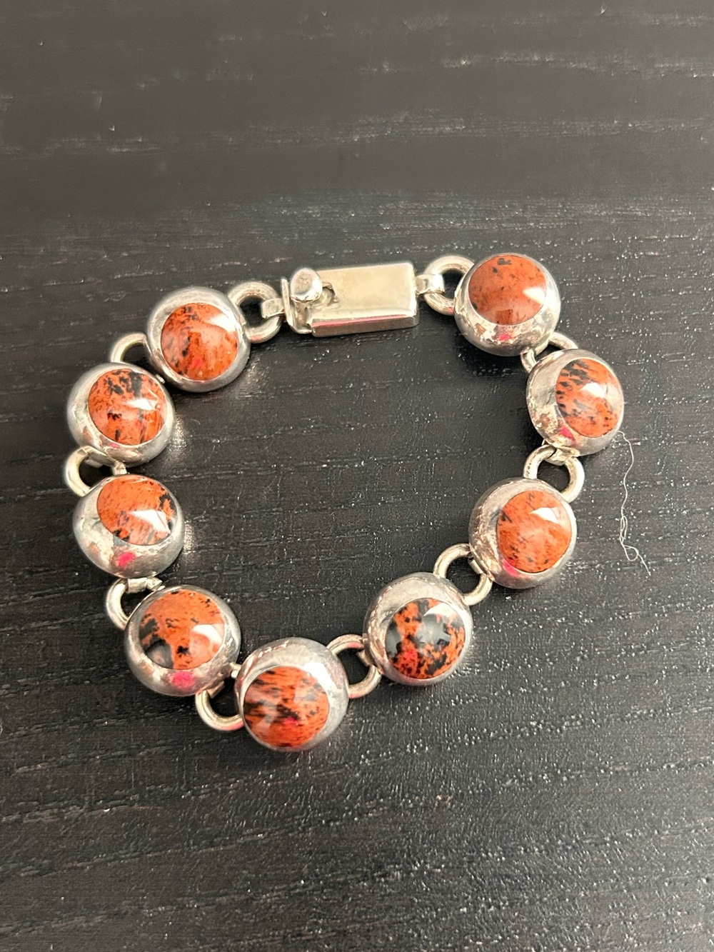 7” Sterling Silver Red Jasper Cabochon Articulated Link Bracelet 925 Vintage!